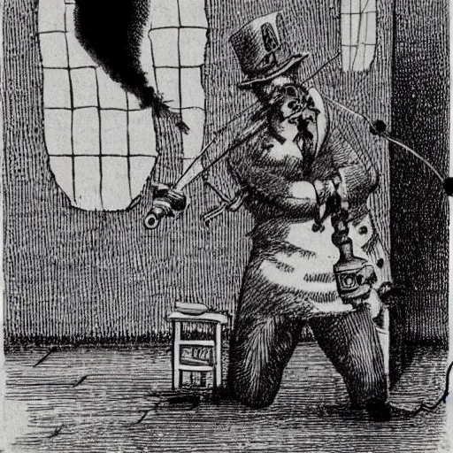 Image similar to a macabre victorian illustration by edward gorey of steampunk ghostbusters chasing ghosts and shooting at ghosts with ray - guns, in buildings or in the streets.
