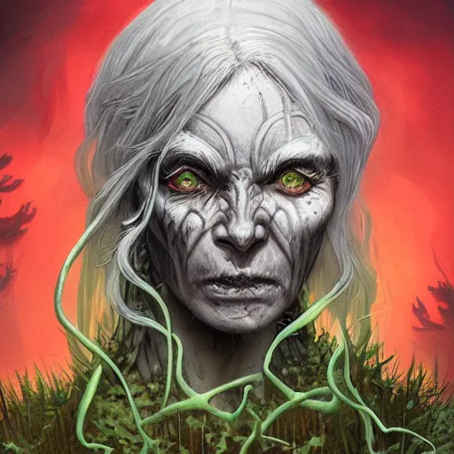 Image similar to fantasy portrait of an energetic old nurgle cultist woman with silky, cloudy grey hair, black scars on her face, swamp vegetation in the background, nocturnal palette, art by greg rutowski, raphael lacoste, eddie mendoza, artgerm, trending on artstation