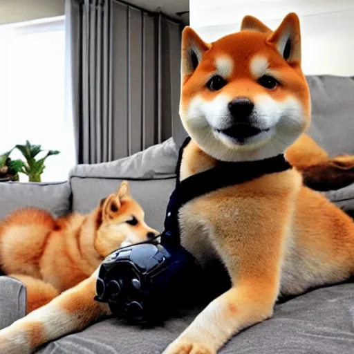 Image similar to doge the shiba - inu as a metallic cyborg, in a sunny suburban living - room.