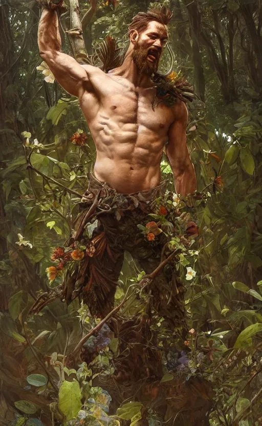 Image similar to god of the forest, 3 0 years old, rugged, male, gorgeous, detailed face, amazing, full body, flowers, muscular, intricate, highly detailed, digital painting, artstation, concept art, sharp focus, illustration, art by greg rutkowski and alphonse mucha