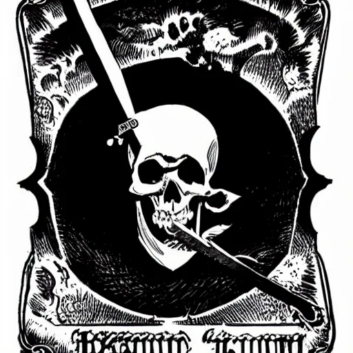 Image similar to A skull with a sword through it. Centered, Dark Fantasy, Film Noir, Black and White. High Contrast, Mike Mignola, D&D, OSR