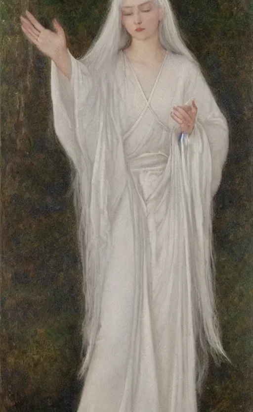 Prompt: say who is this with silver hair so pale and wan! and thin!? female angel in white robes flowing hair fair body, white dress!! of silver hair, covered!!, clothed!! lucien levy - dhurmer, fernand keller, oil on canvas, 1 8 9 6, 4 k resolution, aesthetic, mystery