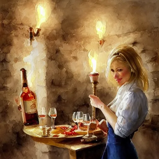 Image similar to hot blonde in a wine cellar, food, pork, beer, schnapps, rustic, traditional, torches on the wall, watercolor by vladimir volegov, highly detailed, masterpiece