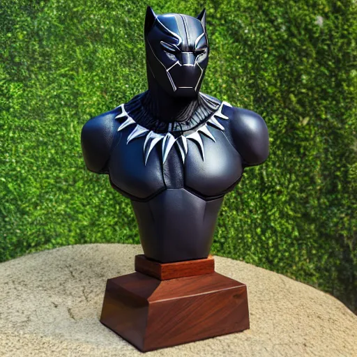 Image similar to a real - world sculpture bust of the black panther marvel character, made of highly polished walnut wood, polished, cedar, polished tiger - wood. photograph, photographic, 3 5 mm