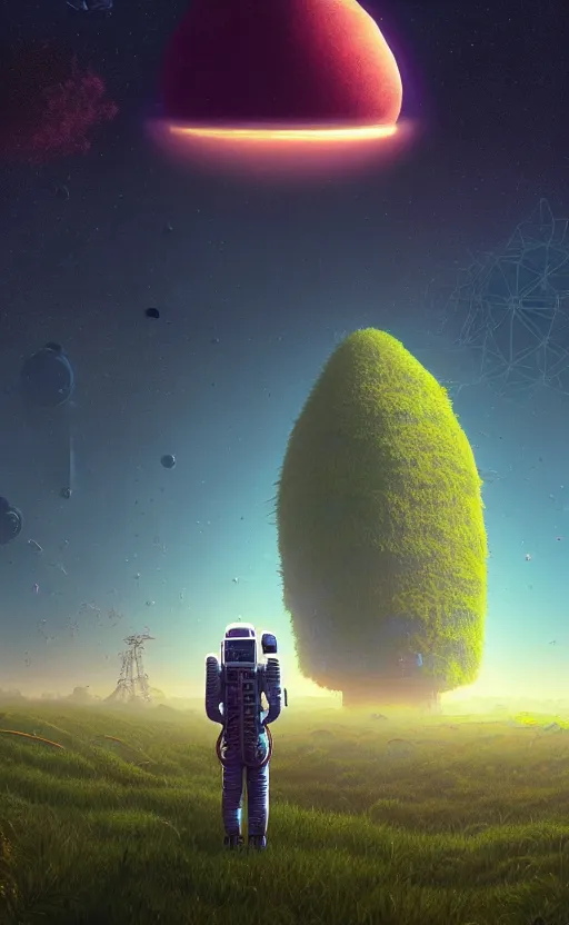 Image similar to A astronaut gazing upon an amazing alien landscape with lush vegetation, digital art, breathtaking, golden ratio, extremely detailed, hyper-detailed, establishing shot, hyperrealistic, cinematic lighting, particles, unreal engine, simon stålenhag, rendered by Beeple, Makoto Shinkai, syd meade, simon stålenhag, Ruan Jia, Kentaro Miura, environment concept, artstation, octane render, 8K UHD image