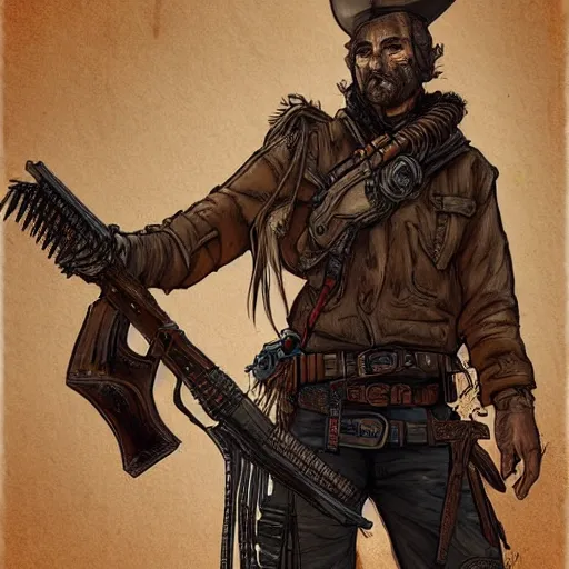 Prompt: full body concept art of a post-apocalyptic gunslinger in the style of high fantasy art in the style of Wild west art art trending on artstation deviantart Pinterest detailed High Resolution HD 8k cell shaded full colour bright colour