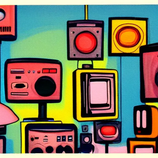 Prompt: array of crt televisions, fuzzy, tv static, antenna, stacked, polaroid, steroids, adult video store, impressionist painting, painting, acrylic painting, cell shaded