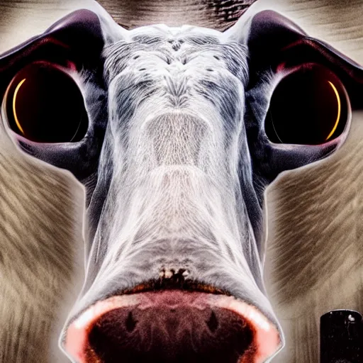Prompt: ultra - realistic close - up of creepy cow at night, fish - eye - lense, disturbing horror photo, doorbell camera footage