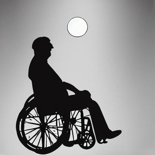 Image similar to sillouette of robert wyatt in a wheelchair flying against the moon at night,