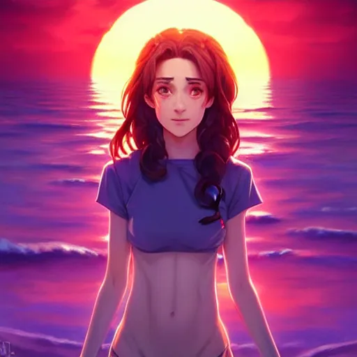 Image similar to Emmy Rossum, sunset, intricate, highly detailed, digital painting, artstation, official media, anime key visual, concept art, rich vivid colors, ambient lighting, sharp focus, illustration, art by Artgerm, Makoto Shinkai, Ilya Kuvshinov, Lois Van Baarle, and Rossdraws