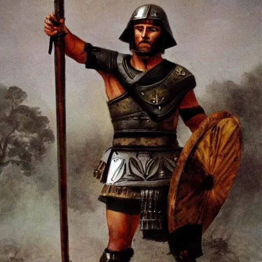 Prompt: a photo of a roman legionnaire holding a rifle