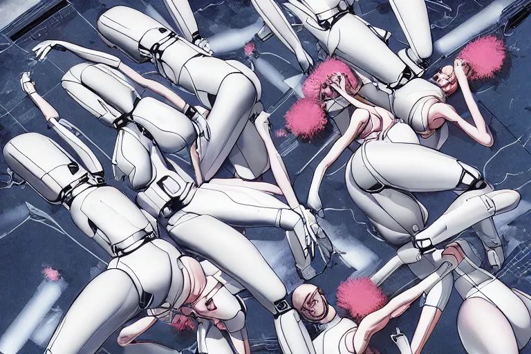 Prompt: a nice illustration of a group of female androids' lying scattered over an abstract, empty, white floor, by masamune shirow, hajime sorayama and katsuhiro otomo, view from above