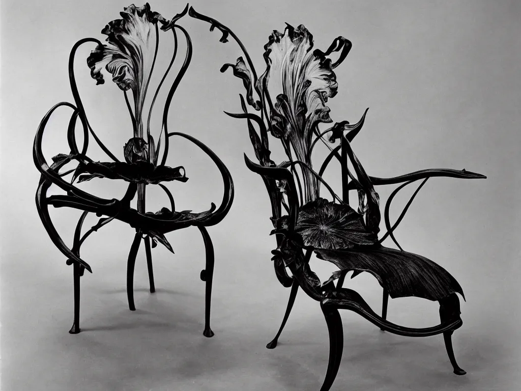 Prompt: flaming gothic chair in the shape of a iris flower. karl blossfeldt, salvador dali