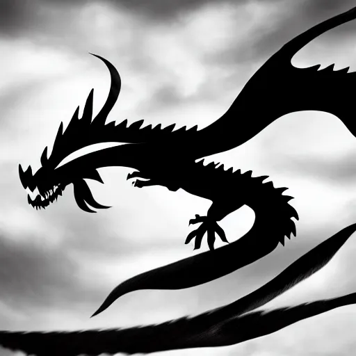 Prompt: black and white dragon, black and red cloudy background, minimalist, 8k, award winning, trending on artstation