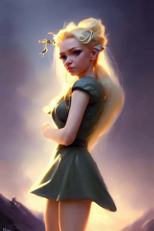 Image similar to cinematic shot of an epic portrait of a cute blonde fairy dressed in military clothes, stylised military clothes, shiny skin, beautiful eyes, beautiful, small details, night setting, realistic poster with volumetric light from craig mallism, artgerm, jeremy lipkin and michael garmash, unreal engine, radiant light, digital art, trends at art station, a masterpiece