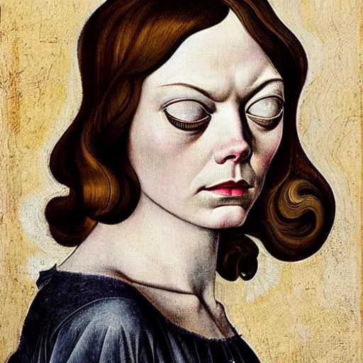 Image similar to emma stone as gollum, elegant portrait by sandro botticelli, detailed, symmetrical, intricate