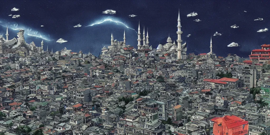 Image similar to godzilla is attacking istanbul, studio ghibli, dark sky, anime background