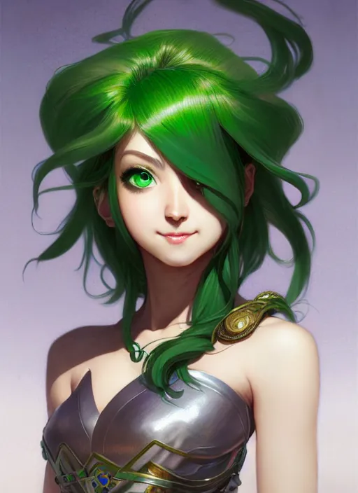 Image similar to portrait from left, head and body only, palutena, green hair, concept art, digital illustration, by rossdraws, frank franzzeta, intricate, masterpiece, elegant, hyper detailed, artstation, unreal engine rendered, concept art, smooth, sharp focus, illustration, art by artgerm and greg rutkowski and alphonse mucha and garis edelweiss