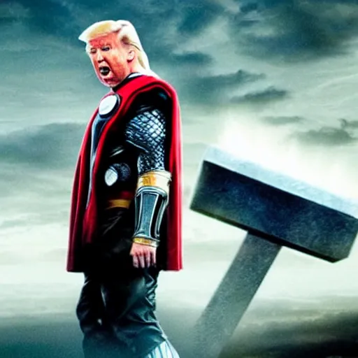 Prompt: Donald Trump as Thor the god of thunder, avengers film still