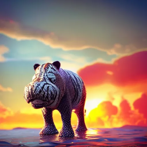 Image similar to a closeup photorealistic photograph of a cute smiling knitted tiger hippopotamus riding an epic wave at sunset. surf in the background. professional capture. brightly lit scene. this 4 k hd image is trending on artstation, featured on behance, well - rendered, extra crisp, features intricate detail, epic composition and the style of unreal engine.