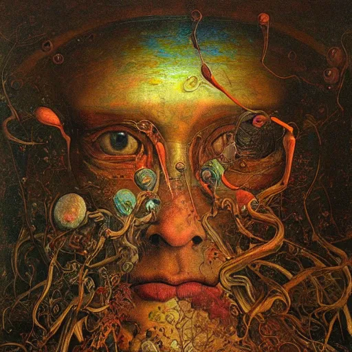 Prompt: an oil painting by botticelli, by arcimboldo, by yoshitaka amano, by beksinski seen through a kaleidoscope, detailed, high resolution