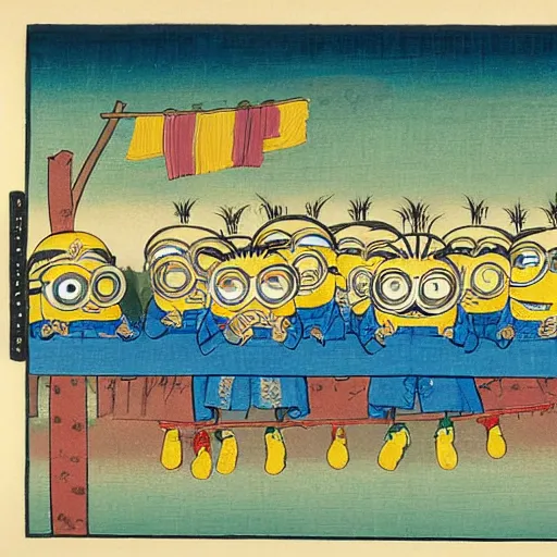 Image similar to minions eating large pieces of matzah, colorful background, in the style of Utagawa Hiroshige