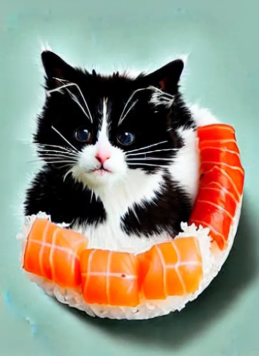 Image similar to clear photorealistic picture of adorable cats made out of sushi