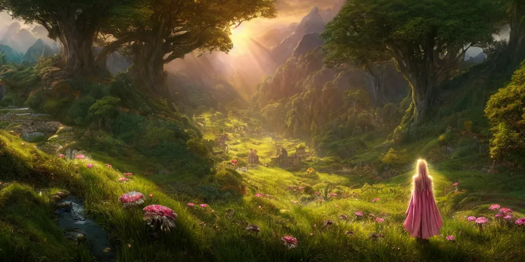 Image similar to a fairy in the lord of the rings scenery landscape, looking out at a vast lush valley flowers and homes made of mushrooms, mysterious ， stream, sunrise, wallpaper ， god's rays highly detailed, vivid color, cinematic lighting, perfect composition, 8 k, gustave dore, derek zabrocki, greg rutkowski, belsinski, octane render