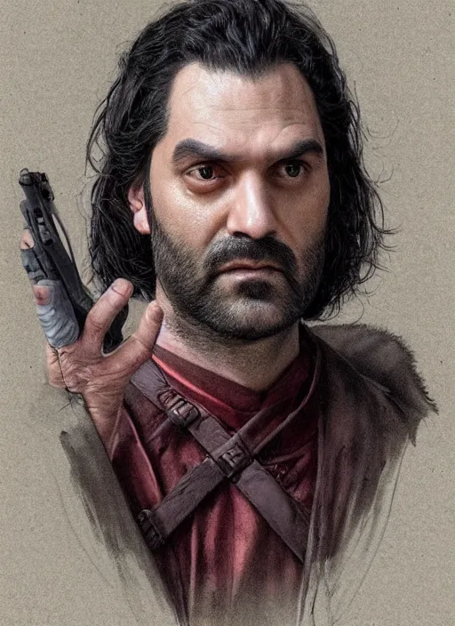 Prompt: portrait of Nandor from What We Do in the Shadows (2019), highly detailed, centered, solid color background, digital painting, artstation, concept art, smooth, sharp focus, illustration, artgerm, donato giancola, Joseph Christian Leyendecker, Les Edwards, Ed Repka, WLOP, Artgerm