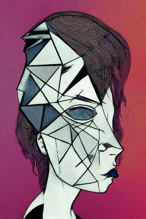 Image similar to portrait of triangle shaped redhead woman head with single cubism eye, in the style of Greg Broadmore and Arthur Rackham,trending on artstation, light lighting side view,digital art,surrealism ,macro,blueprint ,vaporwave ,