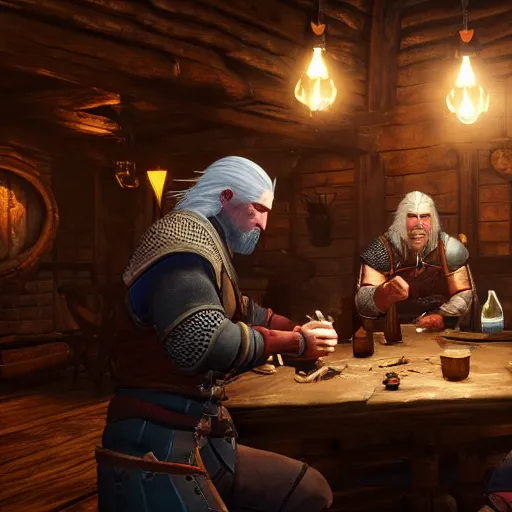 Image similar to geralt eating beans in a tavern, witcher 3 in game screenshot, epic composition