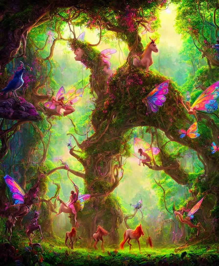 Prompt: fairy tell story of jungle, unicorns standing on ground, psychedelic colorful birds sitting on trees, concept art, digital painting, cinematic lightening, people are wearing masks, wide angle shot, in the style of greg rutwoski, very hyper realistic, highly detailed, fantasy art station
