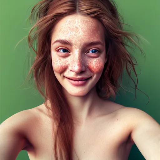 Image similar to beautiful hyperrealism hyperdetailed selfie of a cute young woman smiling softly, long light bronze brown hair, flushed face, red blush, light freckles, soft features, emerald green eyes, 8 k, sharp focus, art by irakli nadar