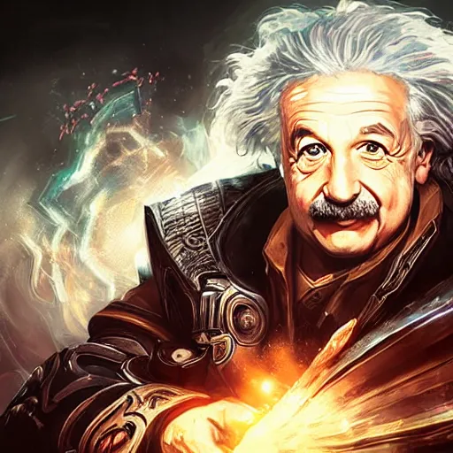 Image similar to portrait of albert einstein as a spellcaster, league of legends amazing splashscreen artwork, gears of war, splash art, natural light, elegant, photorealistic facial features, intricate, fantasy, detailed face, atmospheric lighting, anamorphic lens flare, cinematic lighting, league of legends splash art, hd wallpaper, ultra high details by greg rutkowski