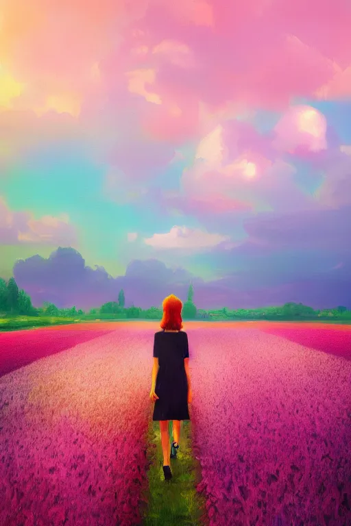 Image similar to giant flower head, girl walking in a flower field, surreal photography, sunrise, dramatic light, impressionist painting, colorful clouds, digital painting, artstation, simon stalenhag