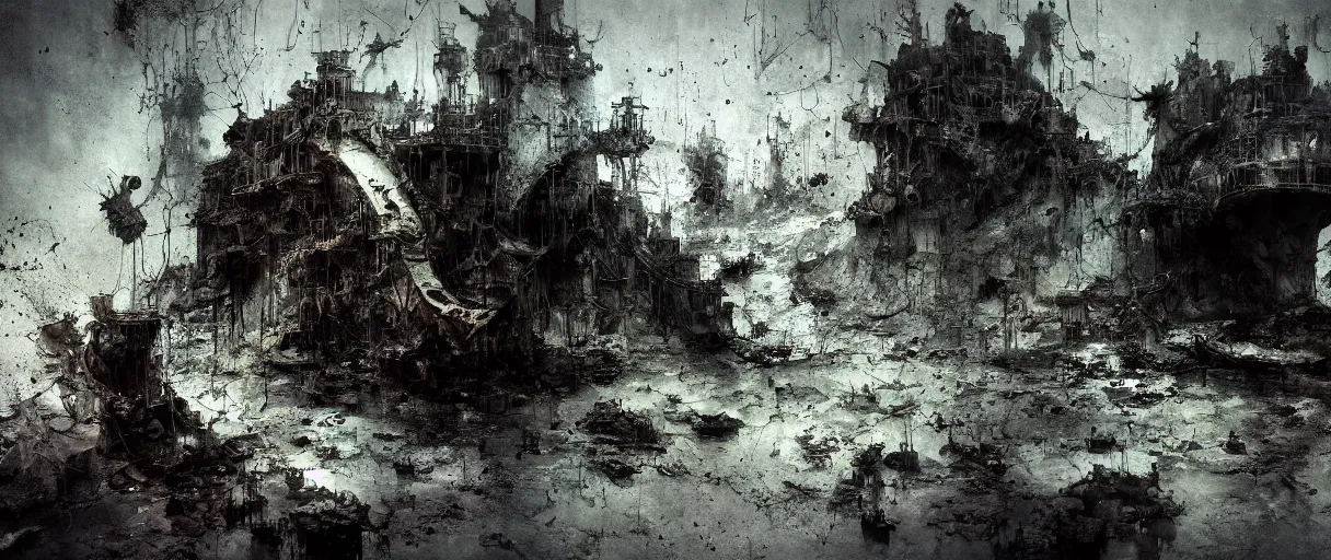 Image similar to wet collodion photography of sunken city of r'lyeh with non - euclidean geometry by emil melmoth zdzislaw beksinki craig mullins yoji shinkawa realistic render ominous detailed photo atmospheric by jeremy mann francis bacon and agnes cecile ink drips paint smears digital glitches glitchart