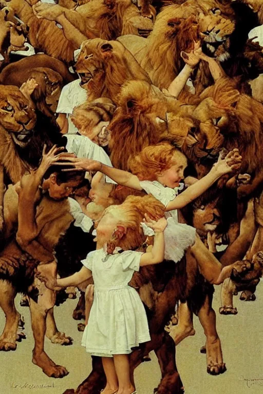 Image similar to sad lions dancing with angels by norman rockwell