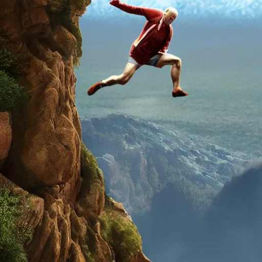 Image similar to putin jumping off a cliff hyper realistic, 4k, 8k, cinematik.