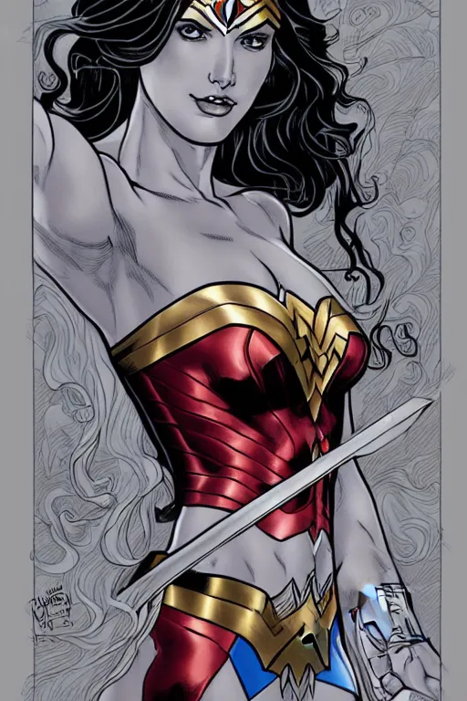 Image similar to A beautiful portrait of Wonder Woman by Frank Cho, detailed, proportional, trending on art station, medium shot