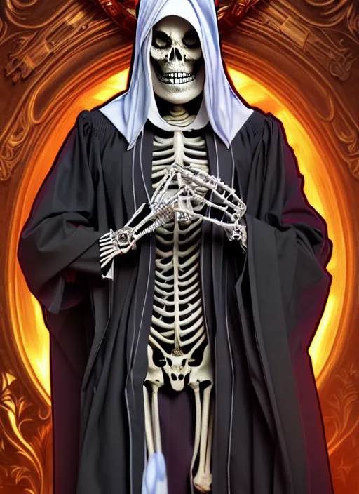 Prompt: undead skeleton king, wearing an academic gown, tarot card, highly detailed, deep focus, elegant, digital painting, smooth, sharp focus, illustration, ultra realistic, 8 k, art by artgerm and alphonse mucha