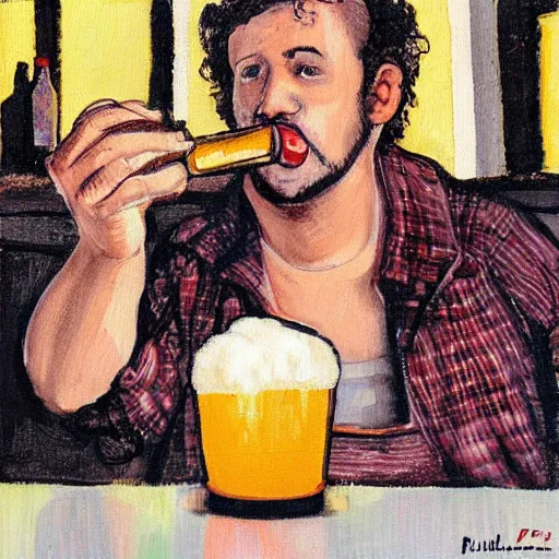 Image similar to Guy who drink beer while watching TV, junk foods, by Philippe Vuillemin