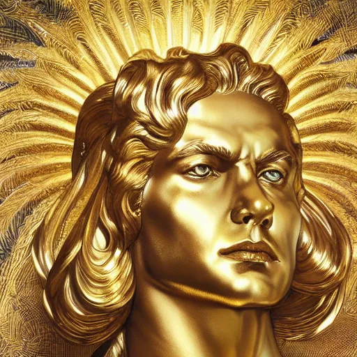 Image similar to ultra realistic illustration, a golden statue of a herculean glenn howerton as the god apollo, intricate, elegant, highly detailed, digital painting, artstation, concept art, smooth, sharp focus, illustration, art by artgerm and greg rutkowski and alphonse mucha