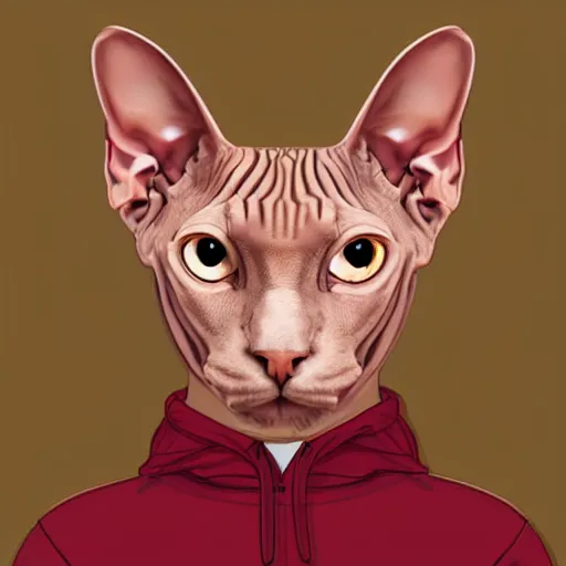 Prompt: a portrait of a humanoid sphynx cat wearing a maroon hoodie, digital art