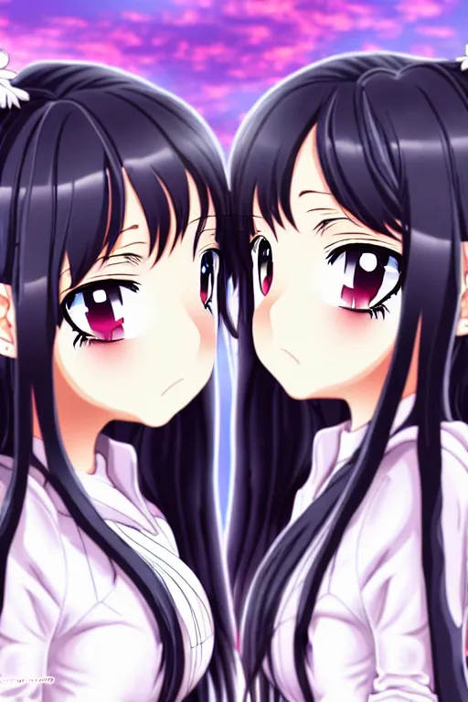 Image similar to two beautiful female idols with twintails facing each other, dark background, detailed anime art