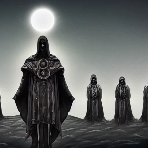 Prompt: cult of eclipse, sun, eclipse, human cult, hooded figures, art, artstation, highly detailed, 8 k
