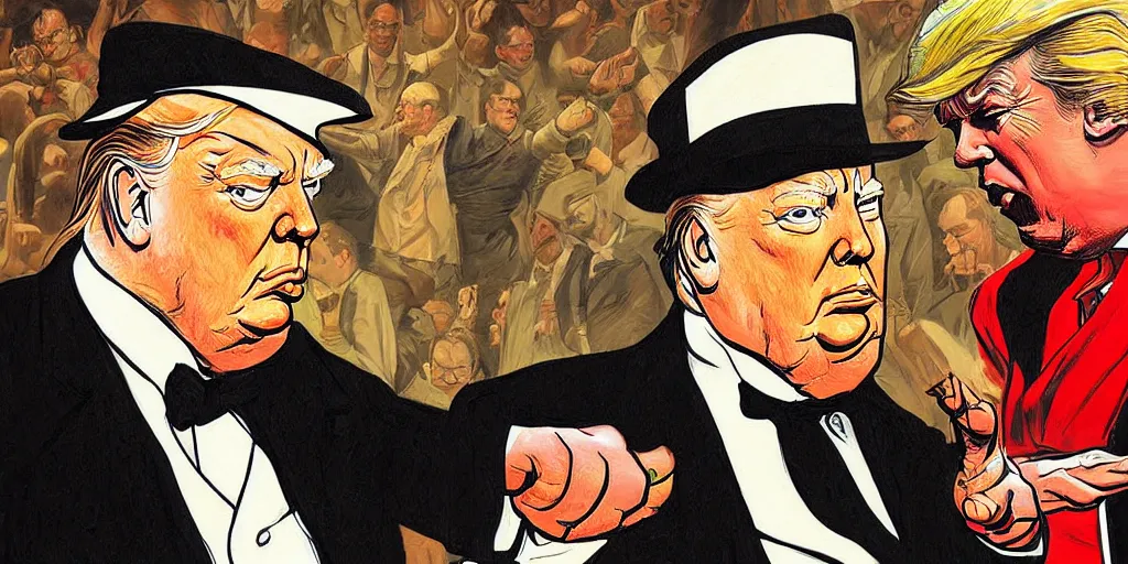 Image similar to Winston Churchill teaching Trump karate. Epic painting by James Gurney and Laurie Greasley.