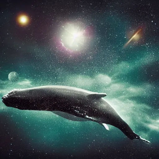 Image similar to portrait of whale swimming on a dark night sky in space, flying across the universe, galaxies, oniric, dreamy, beautiful, highly detailed, realistic, cinematic, dynamic composition