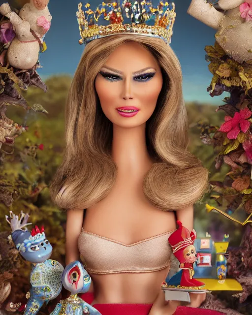 Image similar to highly detailed closeup, face profile portrait of a tin toy melania trump as a fairytale princess wearing a crown and eating cakes, bikini, depth of field, nicoletta ceccoli, mark ryden, lostfish, dan decarlo, bob clampett, max fleischer, breathtaking, detailed and intricate environment, 8 k resolution, hyperrealistic, octane render