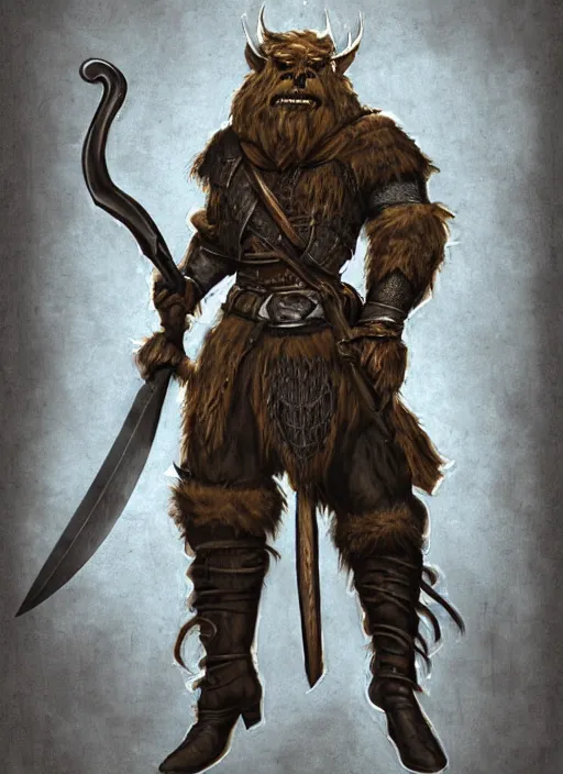 Image similar to strong young man, photorealistic bugbear ranger holding aflaming sword, black beard, dungeons and dragons, pathfinder, roleplaying game art, hunters gear, jeweled ornate leather and steel armour, concept art, character design on white background, by alan lee, norman rockwell, makoto shinkai, kim jung giu, poster art, game art