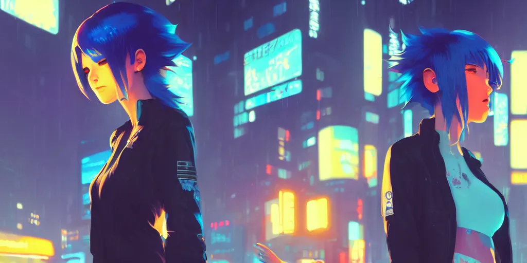 Image similar to digital illustration closeup of cyberpunk pretty girl with blue hair in city street at night by makoto shinkai, ilya kuvshinov, lois van baarle, rossdraws, basquiat